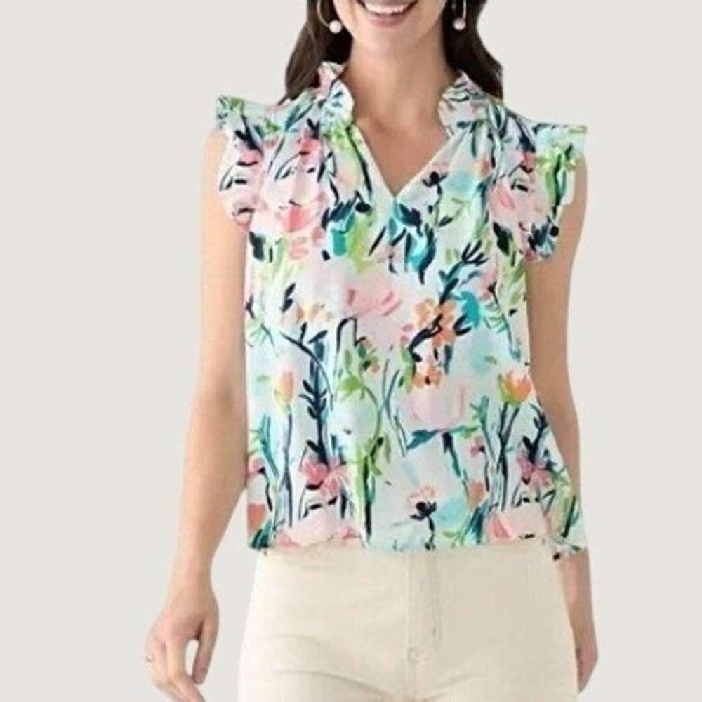 Crown & Ivy Floral Print Ruffle Blouse Womens 1X Blue Multi Office Coastal NWT